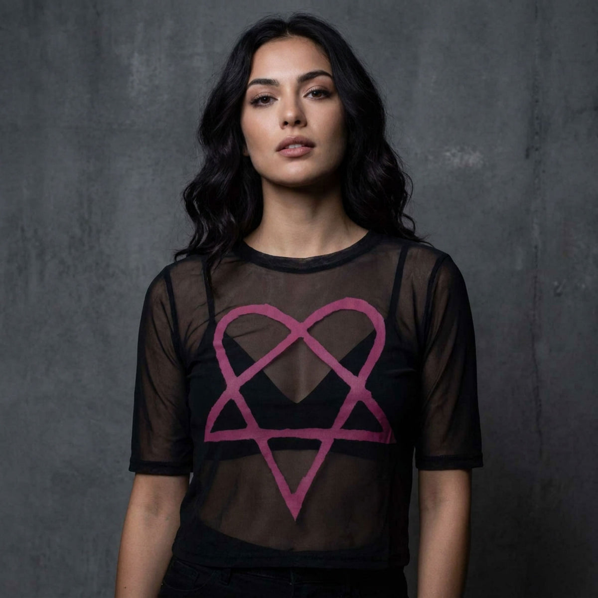 HIM - PINK HEARTAGRAM - Ladies Crop Top Black