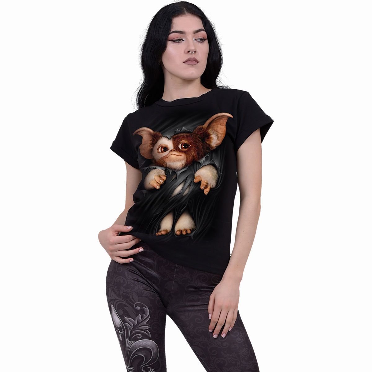 GREMLINS - GIZMO - Top con scollo a barca e manica a cappuccio nero