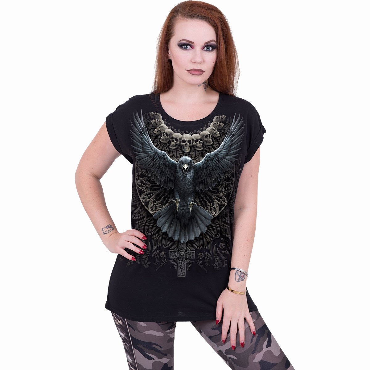 RAVEN SKULL - Maglietta con maniche risvoltate e allentata