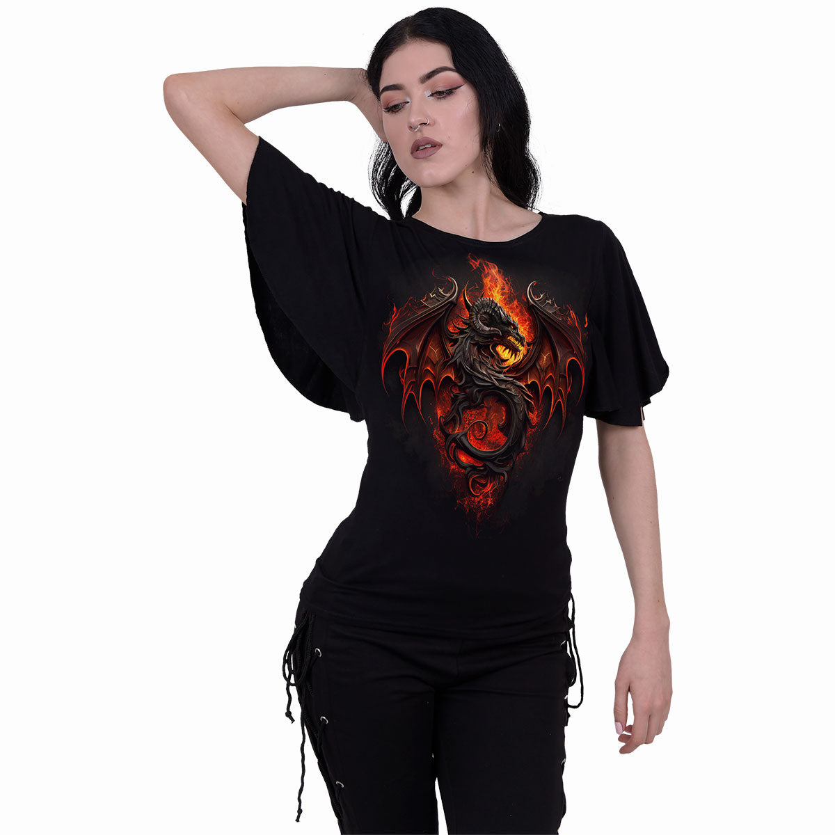 INFERNAL DUEL - Top con scollo a barca e maniche a pipistrello nero