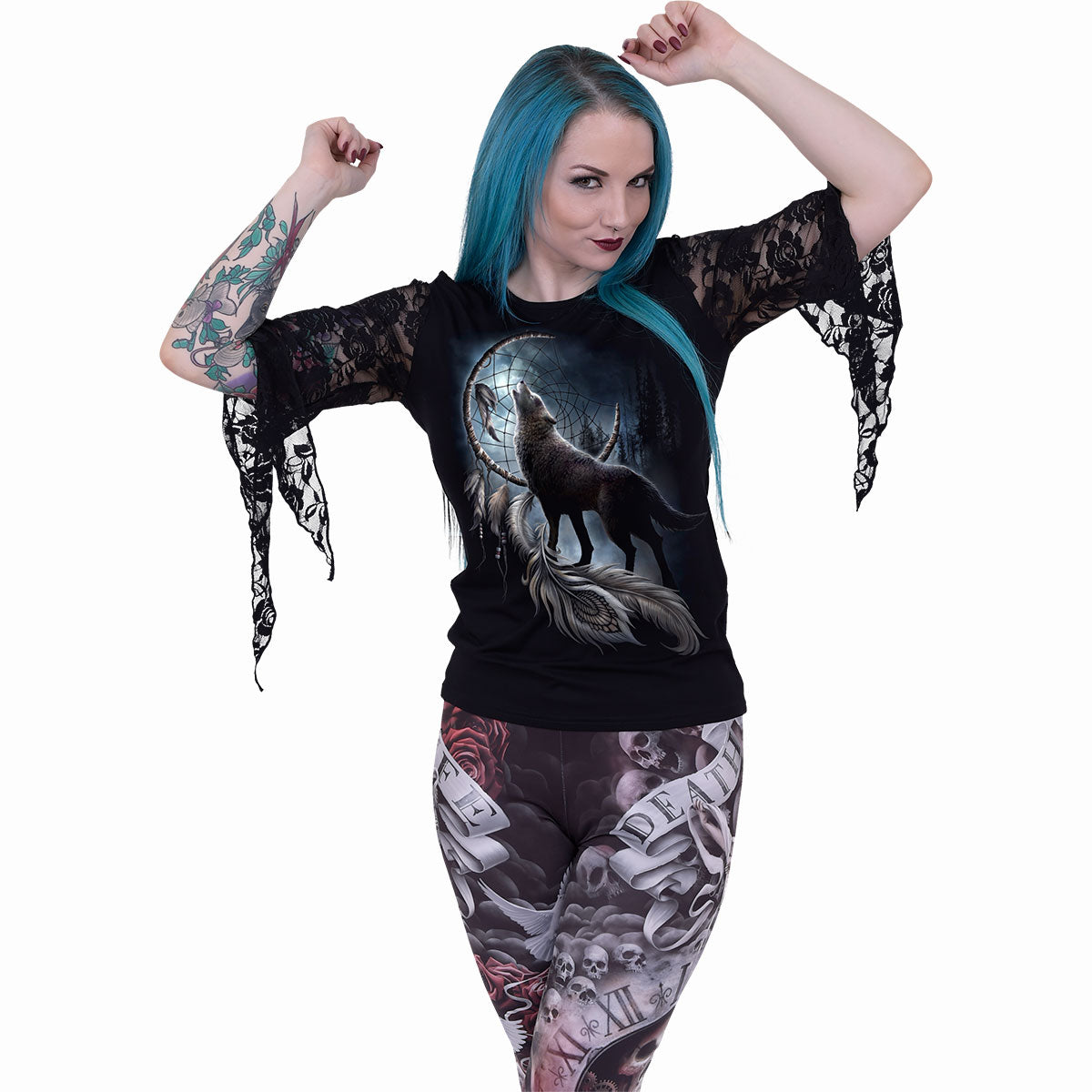 FROM DARKNESS - Top con maniche in pizzo rosa