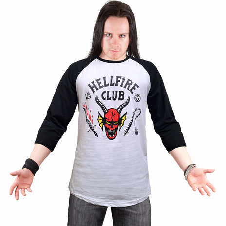 STRANGER THINGS 4 - HELLFIRE CLUB CREST - Raglan a contrasto 3/4 a maniche lunghe in bianco e nero