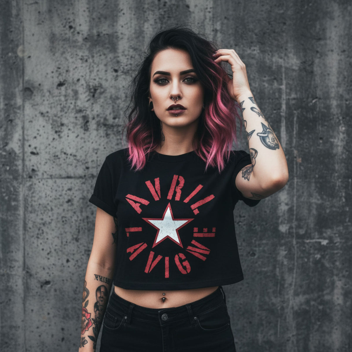 AVRIL LAVIGNE - STENCIL LOGO - Ladies Crop Top Black