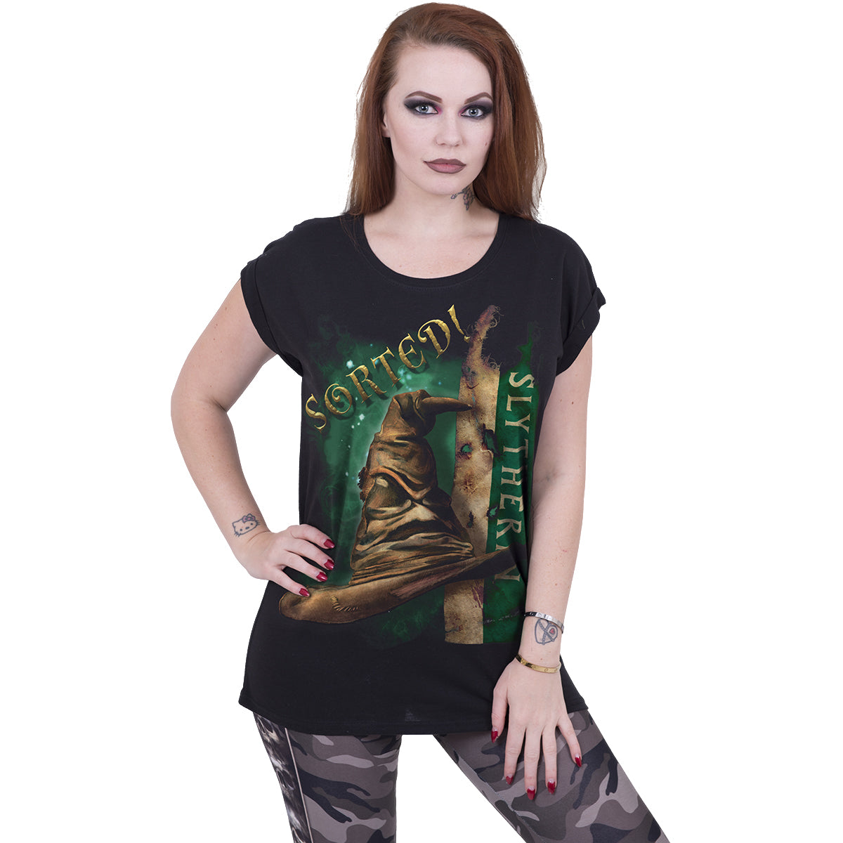 HARRY POTTER - SLYTHERIN HAT - Top con scollo a barca e manica a cappuccio nero