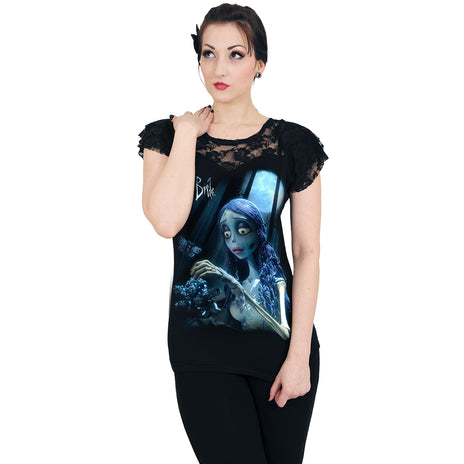 CORPSE BRIDE - GLOW IN THE DARK - Top con manica a cappuccio in pizzo Nero