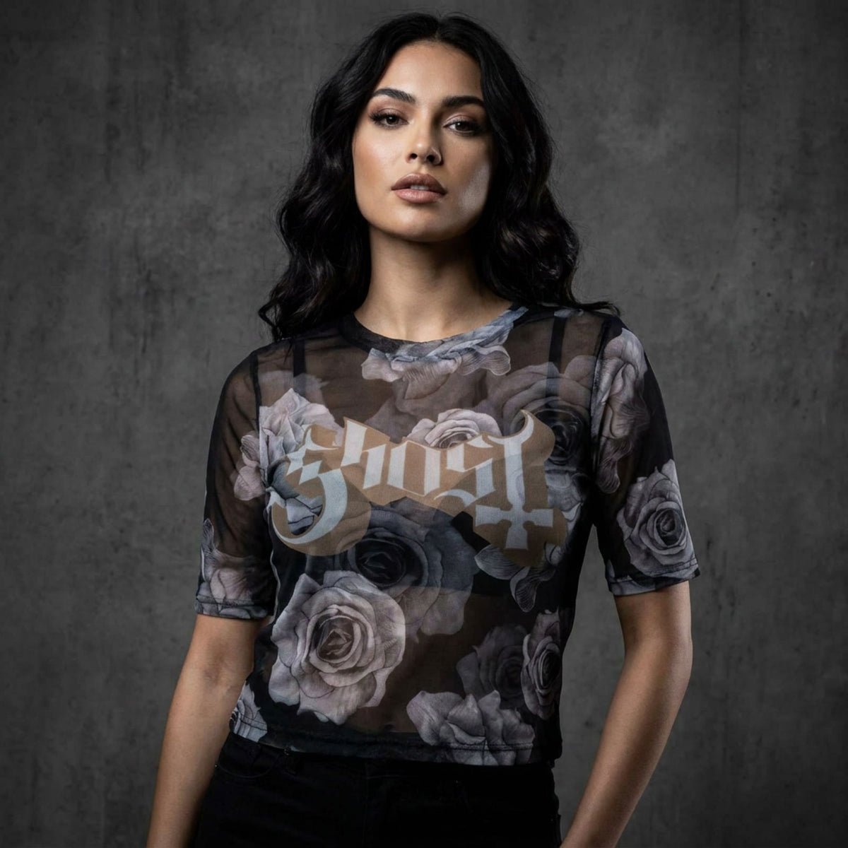 GHOST - LOGO & ROSES - Ladies Crop Top Black