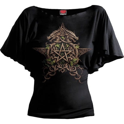 WOODLAND KING - Top con scollo a barchetta e maniche a pipistrello, nero