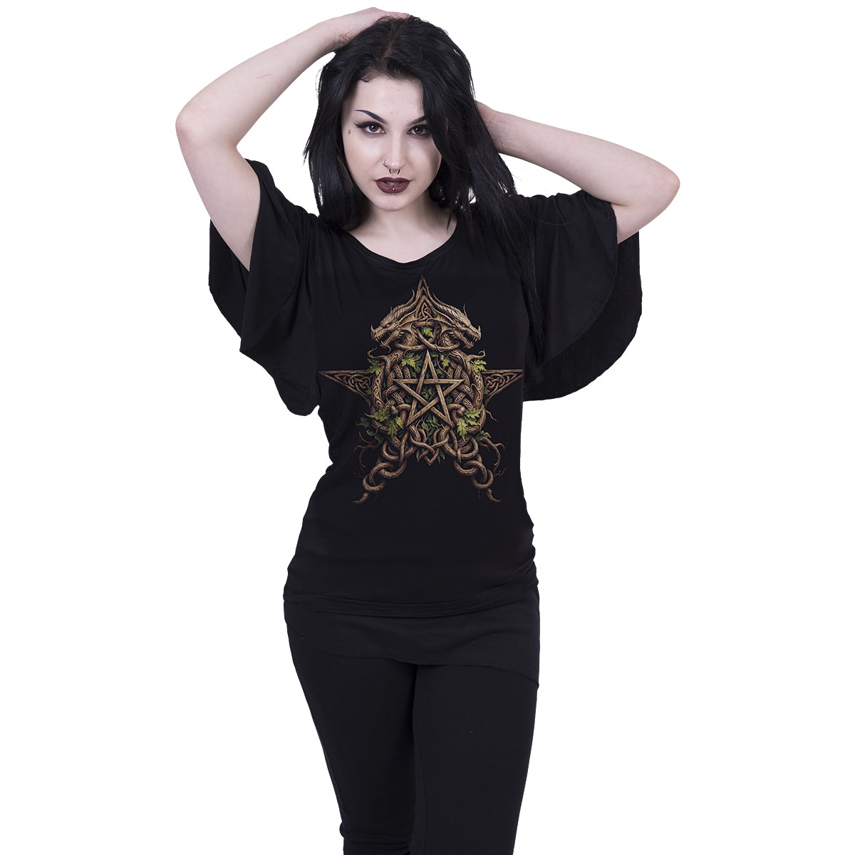 WOODLAND KING - Top con scollo a barchetta e maniche a pipistrello, nero
