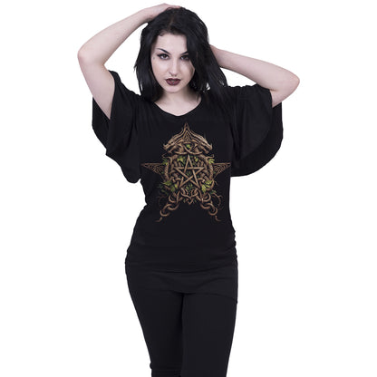WOODLAND KING - Top con scollo a barchetta e maniche a pipistrello, nero