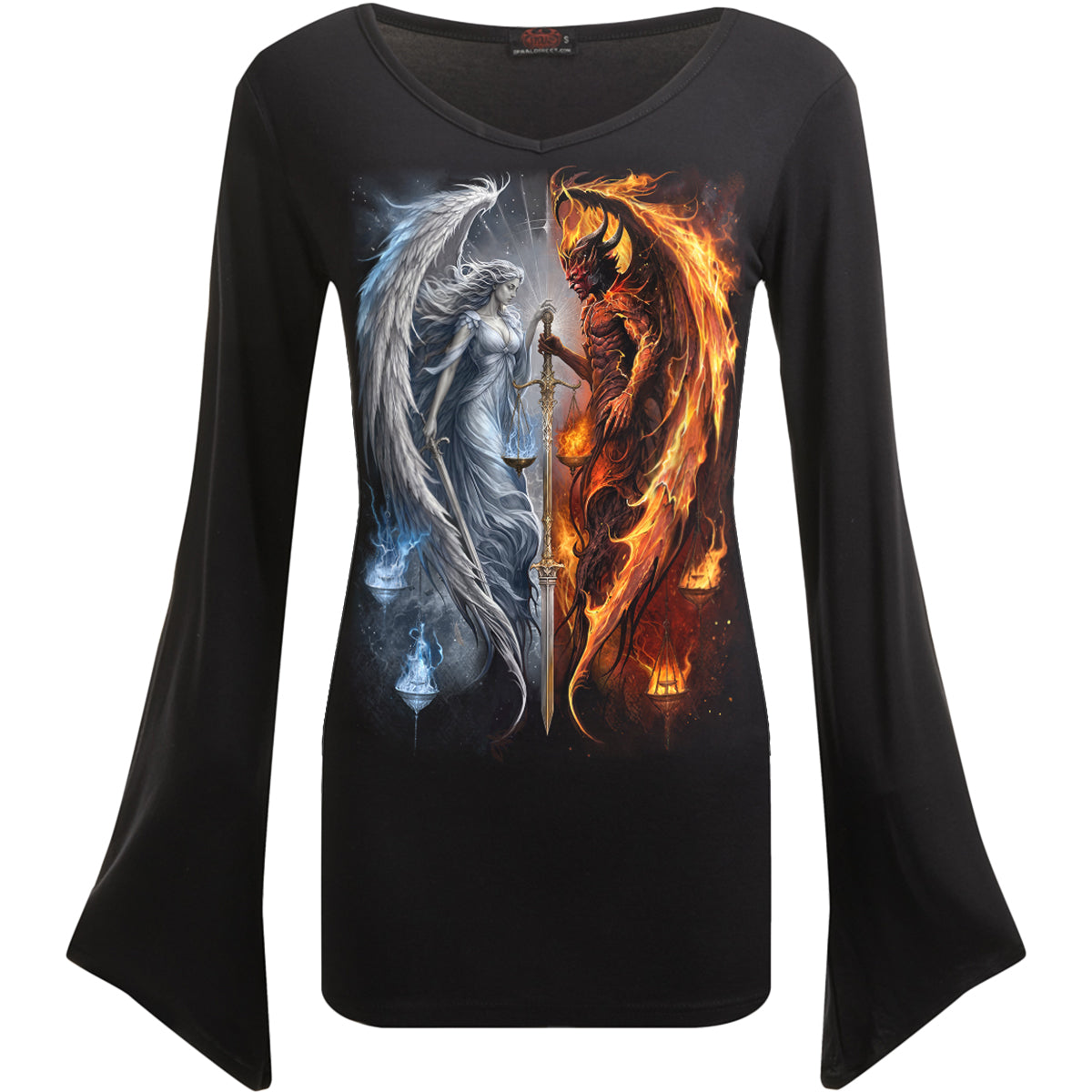 ANGEL & DEMON - Top nero con scollo a V e maniche gotiche
