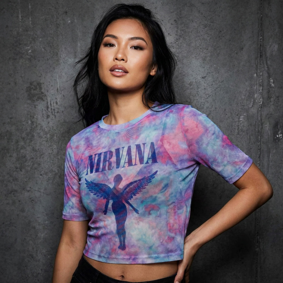 NIRVANA - ANGELIC BLUE MONO - Ladies Crop Top White