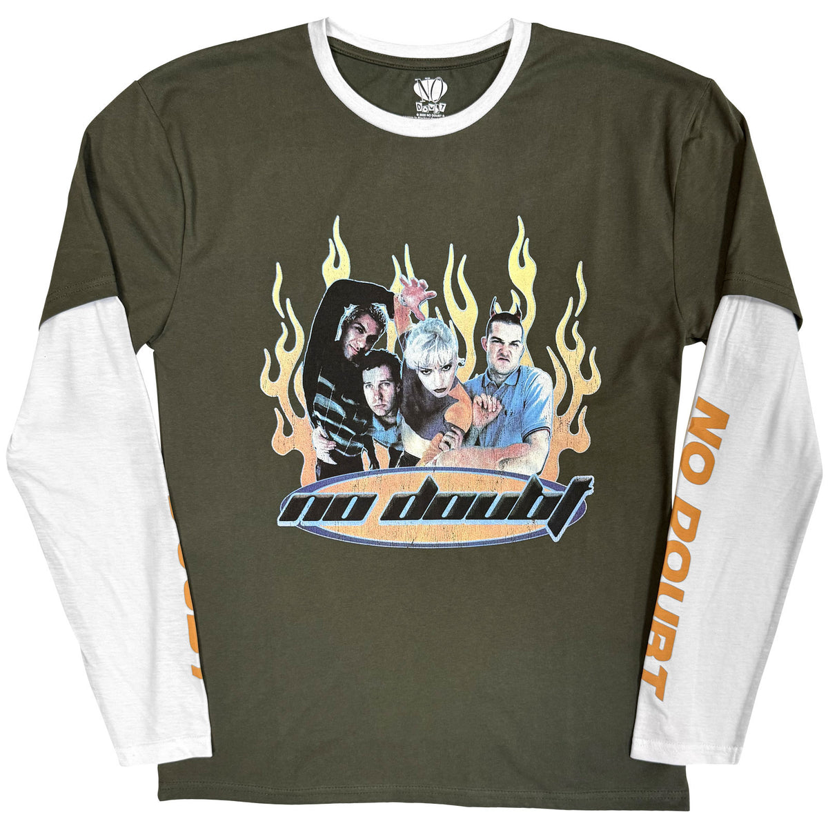 NO DOUBT - FLAMES - Layered Long Sleeve T-Shirt Green, White
