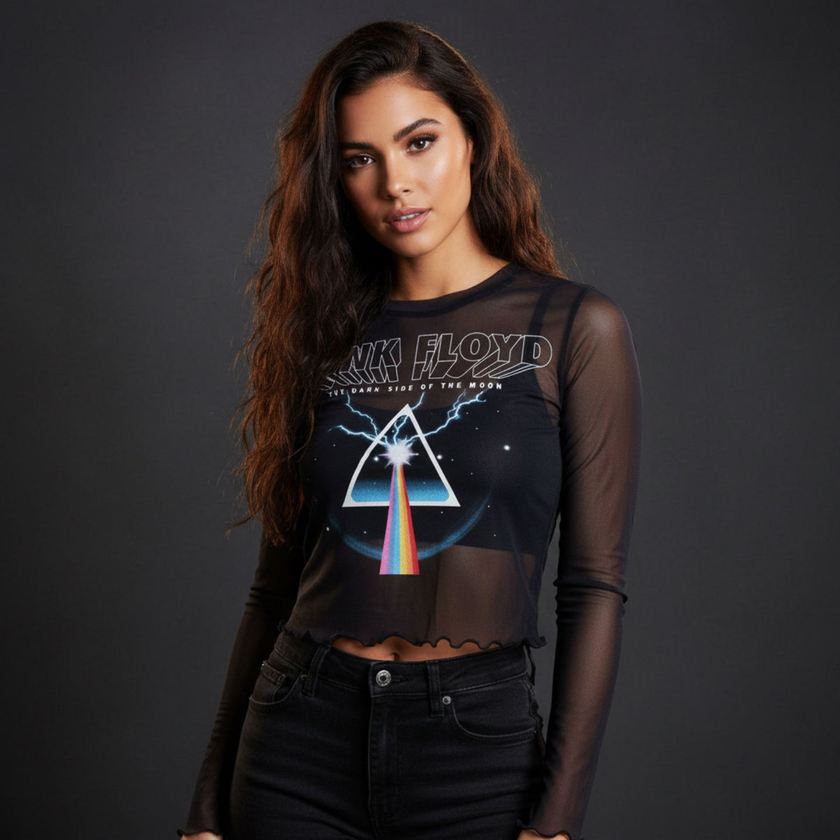 PINK FLOYD - LIGHTNING PRISM - Ladies Long Sleeve Crop Top Blue