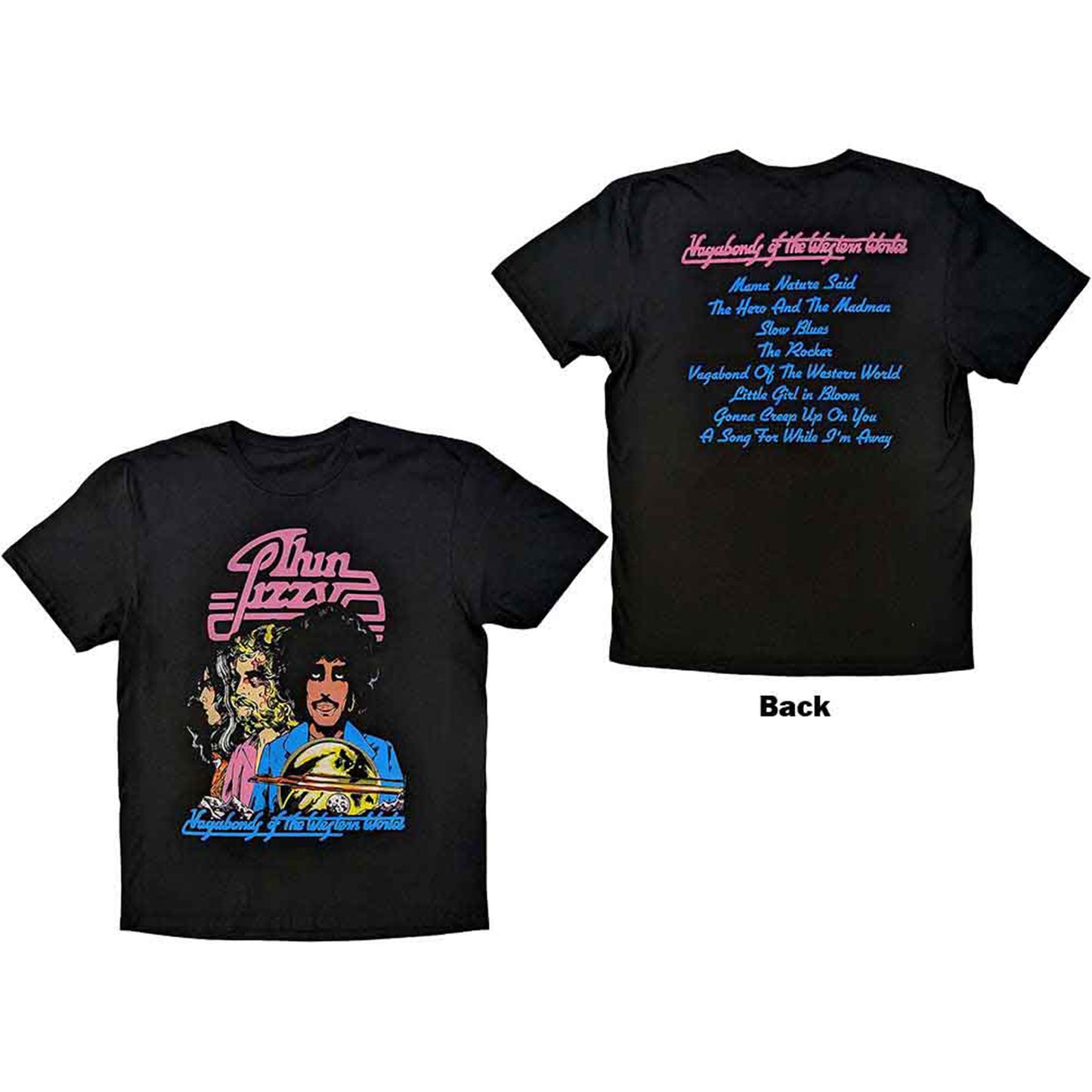 THIN LIZZY - VAGABONDS OF THE WESTERN WORLD TRACKLIST - T-Shirt Black (Back Print)