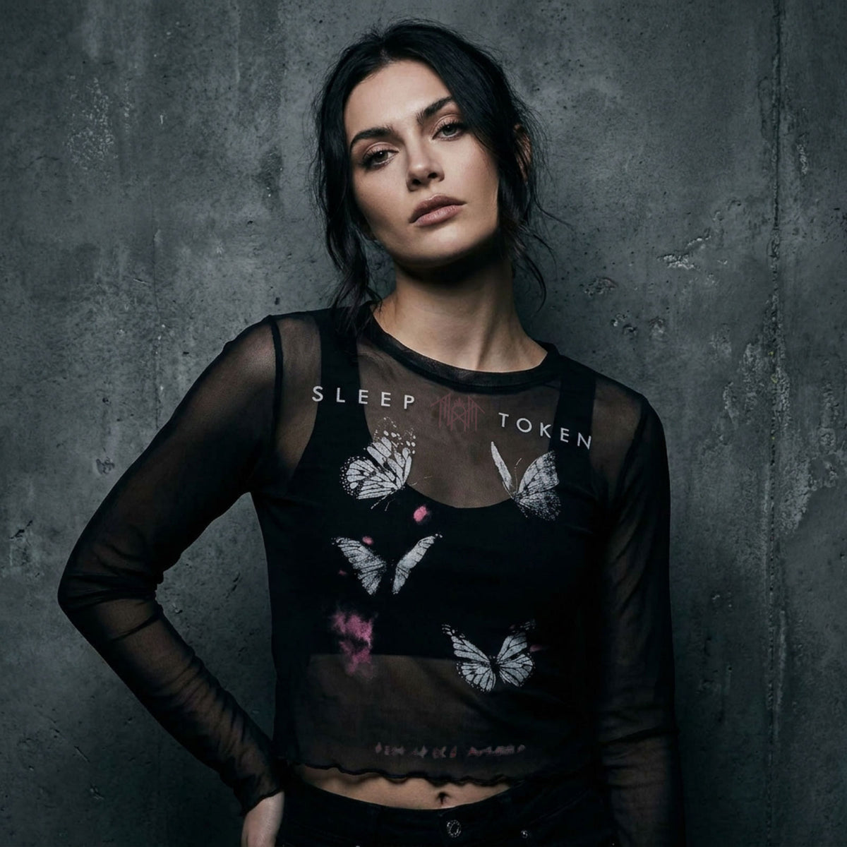SLEEP TOKEN - BUTTERFLIES - Ladies Long Sleeve Crop Top Black