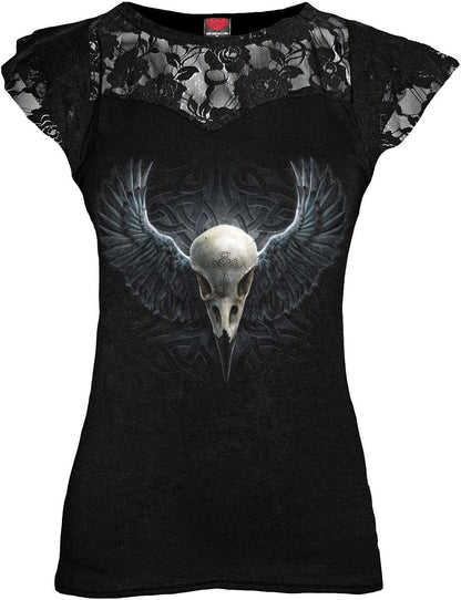 RAVEN CAGE - Top con manica a cappuccio in pizzo nero