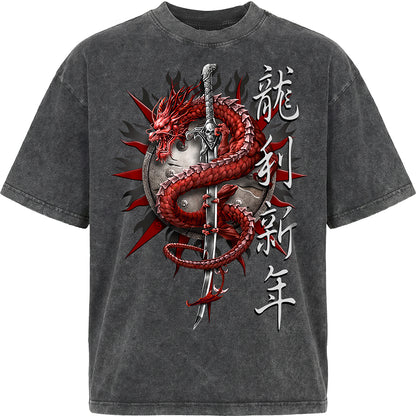 ORIENTAL DRAGON  - Oversized Box T-Shirt Acid Wash Charcoal