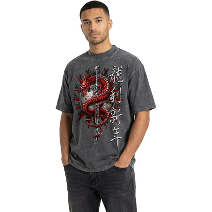 ORIENTAL DRAGON  - Oversized Box T-Shirt Acid Wash Charcoal