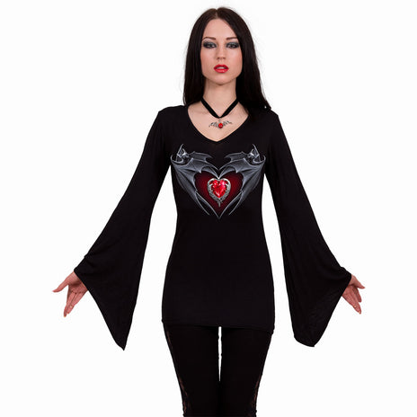 BAT'S HEART - Top con scollo a V e maniche goth nero