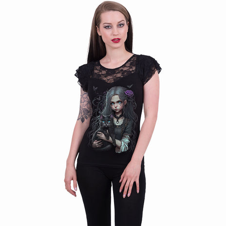 GOTH FAMILIAR - Top con manica a cappuccio in pizzo nero