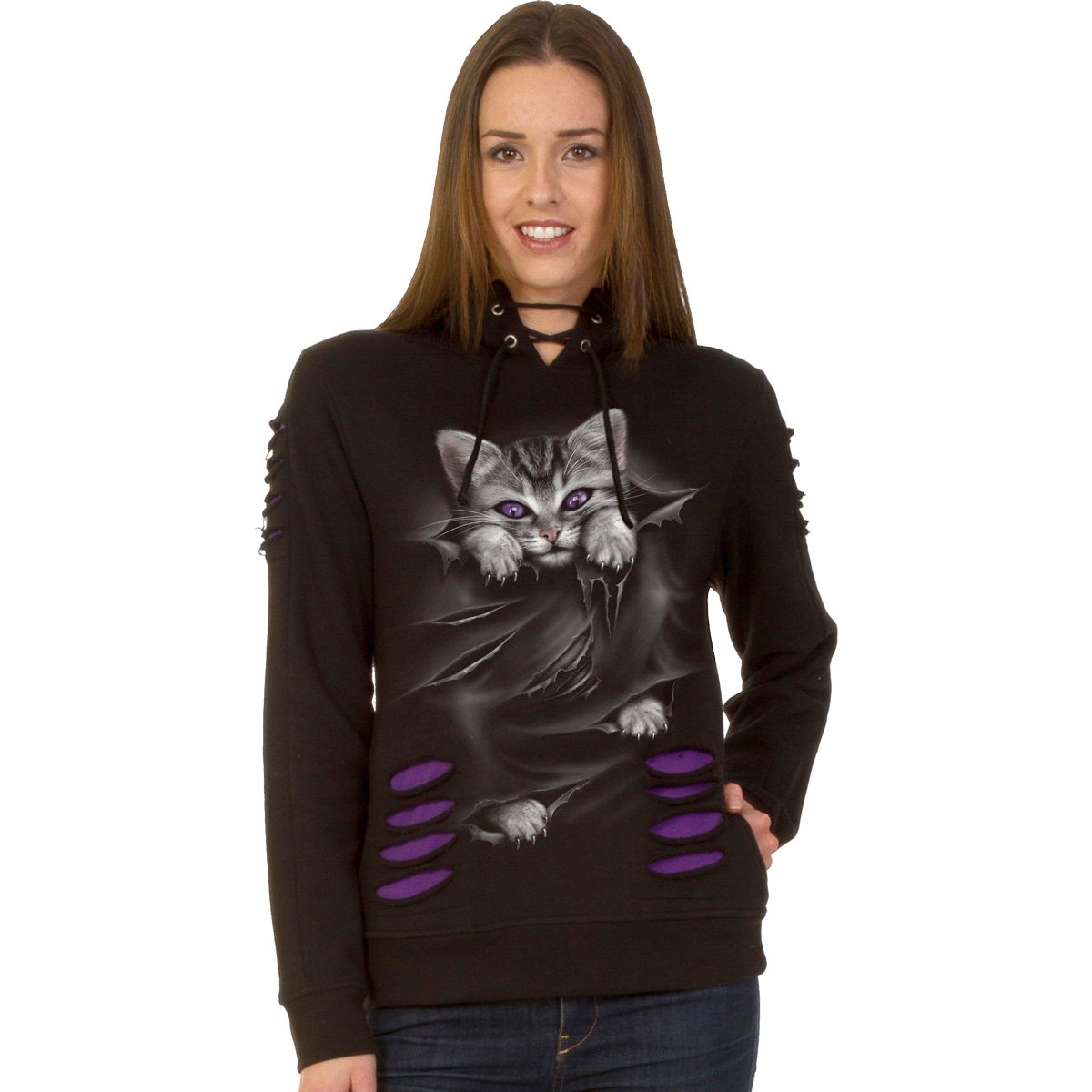 BRIGHT EYES - Large Hood Ripped Hoody Purple-Black - Spiral USA