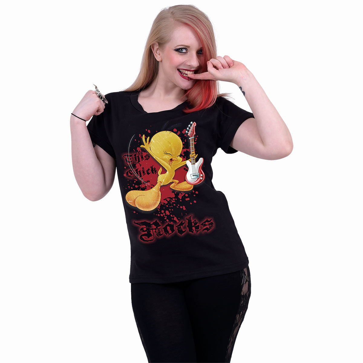 TWEETY - THIS CHICK ROCKS - Boatneck Cap Sleeve Top Black