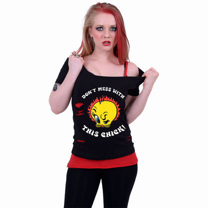 TWEETY - TOUGH CHICK - 2in1 Red Ripped Top Nero
