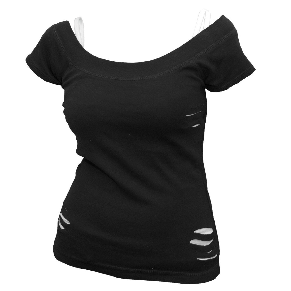 URBAN FASHION - 2in1 White Ripped Top Black - Spiral USA