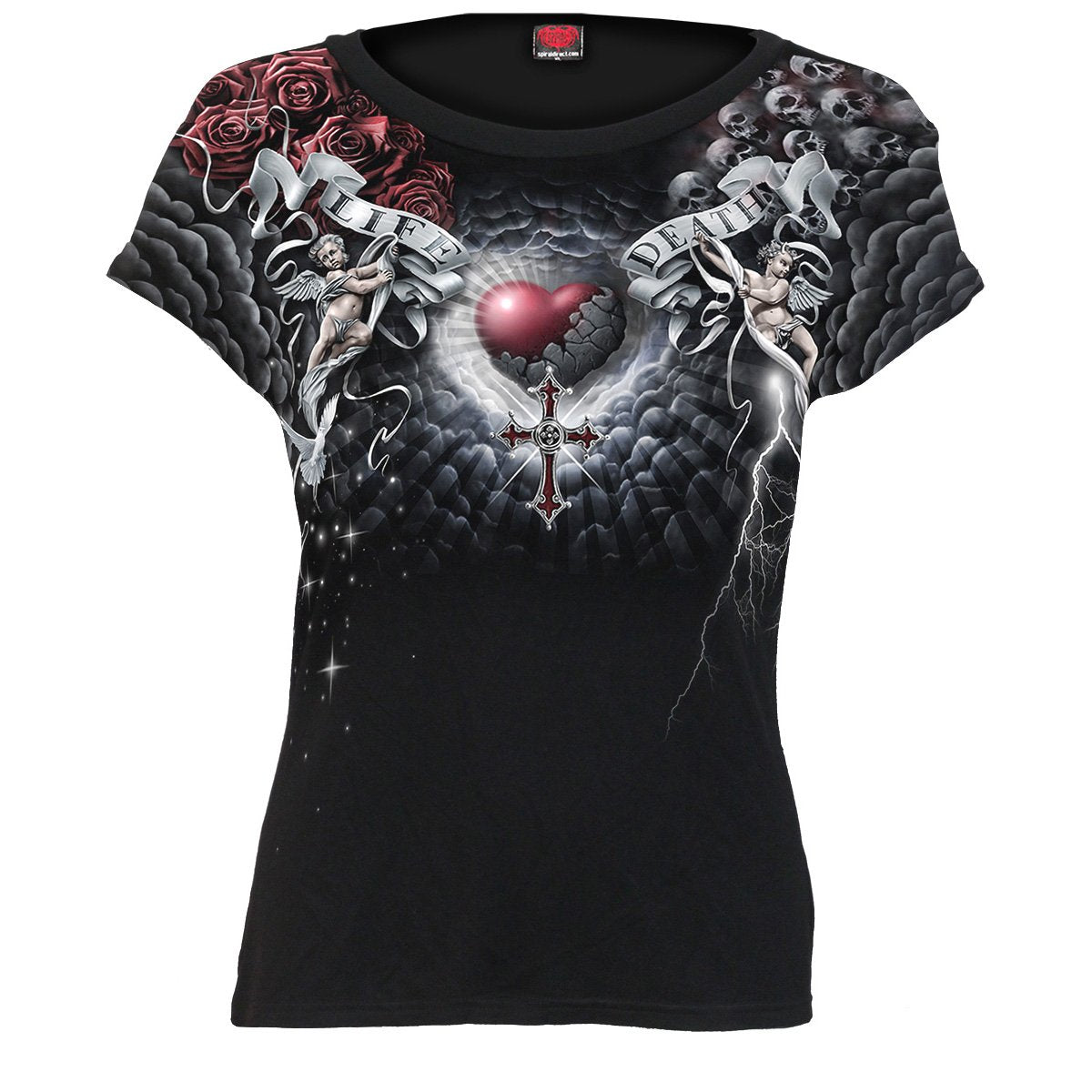 LIFE AND DEATH CROSS - Allover Cap Sleeve Top Black - Spiral USA